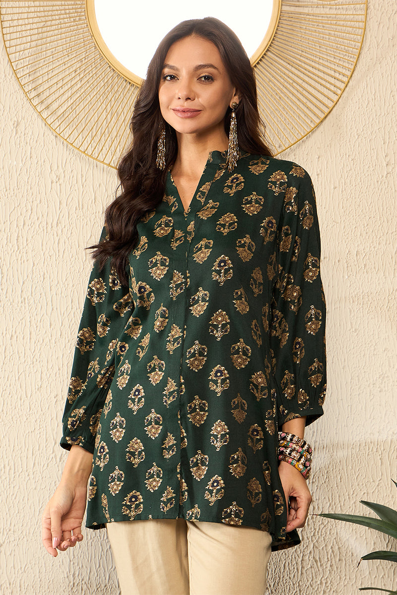 Green Cotton Blend Floral Printed Regular Kurti Tunics VT1319