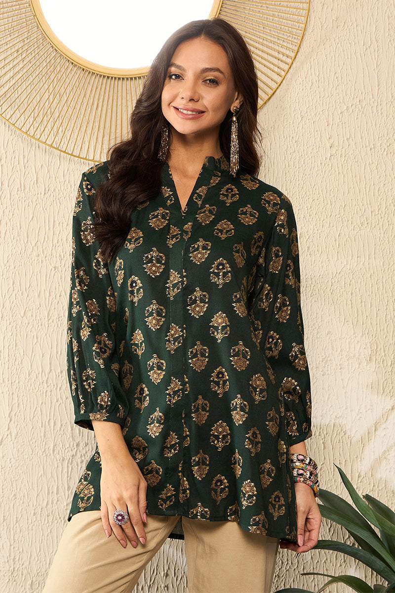 Green Cotton Blend Floral Printed Regular Kurti Tunics VT1319