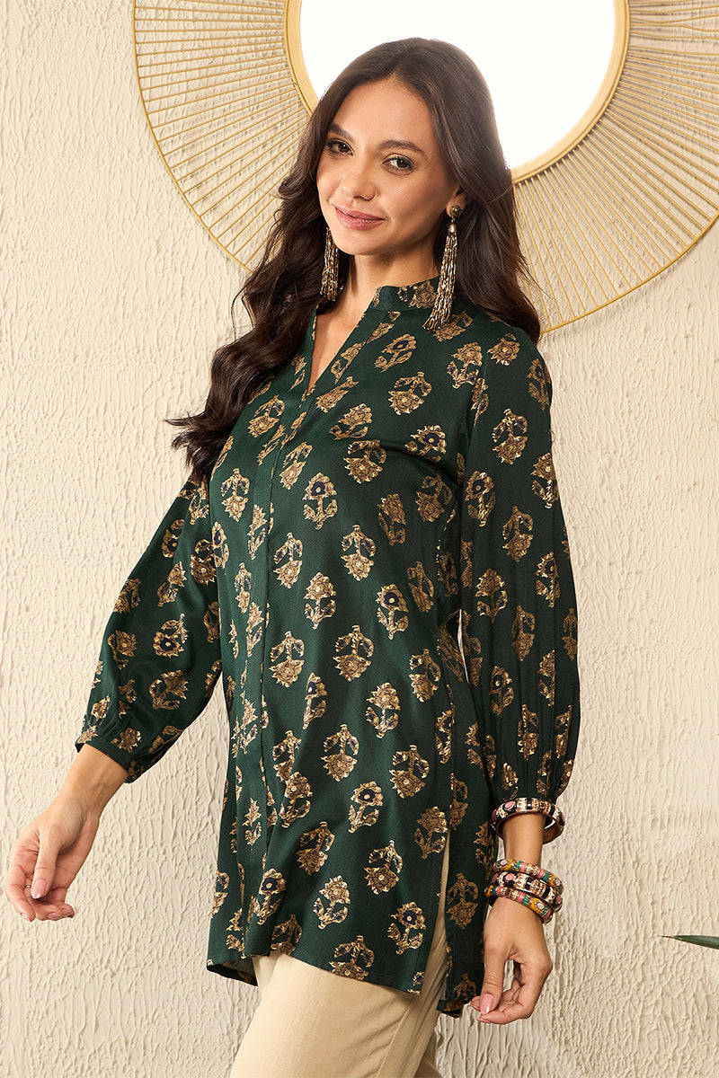 Green Cotton Blend Floral Printed Regular Kurti Tunics VT1319