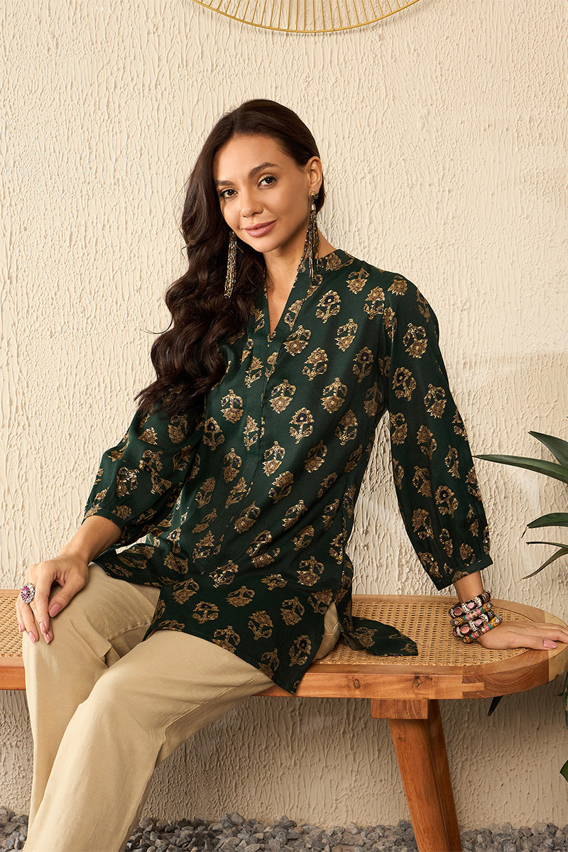 Green Cotton Blend Floral Printed Regular Kurti Tunics VT1319