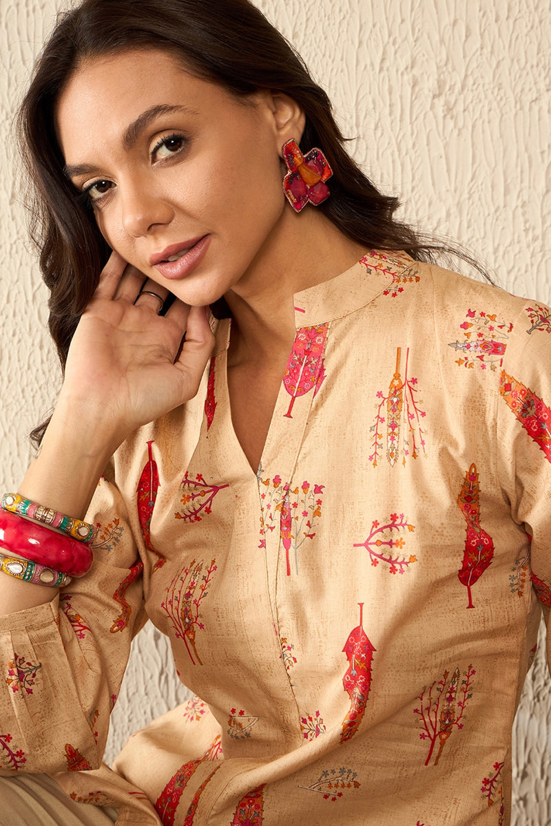 Beige Cotton Blend Floral Printed Regular Kurti Tunics VT1329