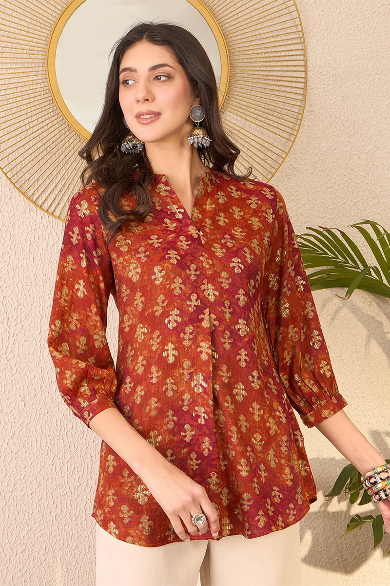 Orange Cotton Blend Ethnic Motifs Printed Regular Top VT1363