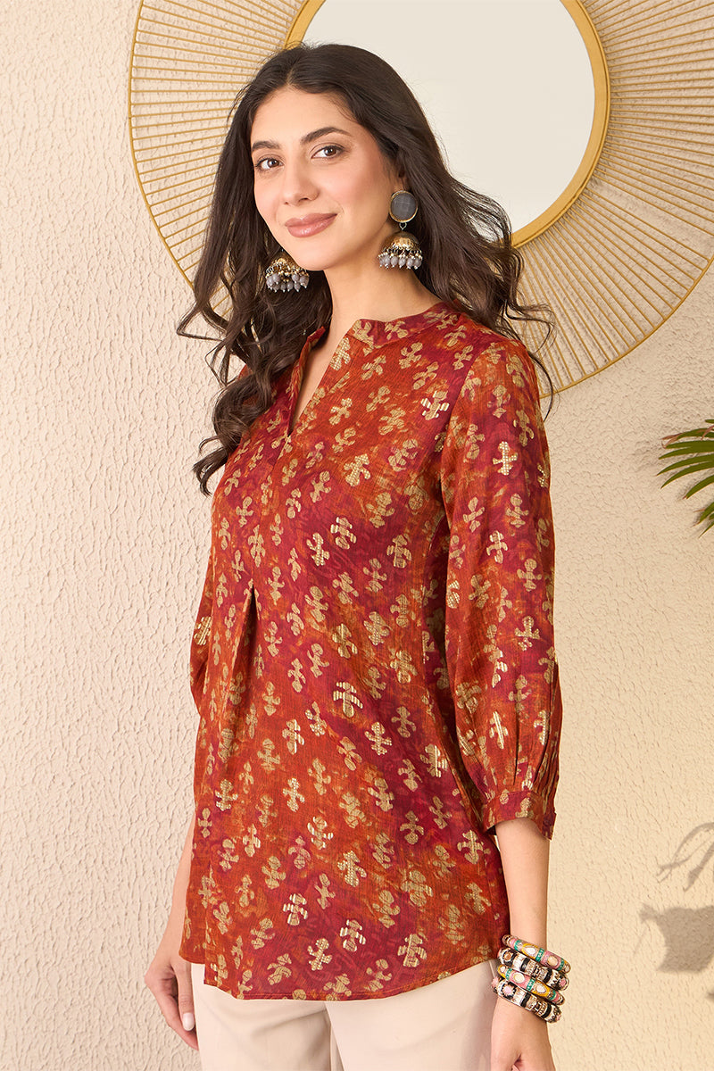 Orange Cotton Blend Ethnic Motifs Printed Regular Top VT1363