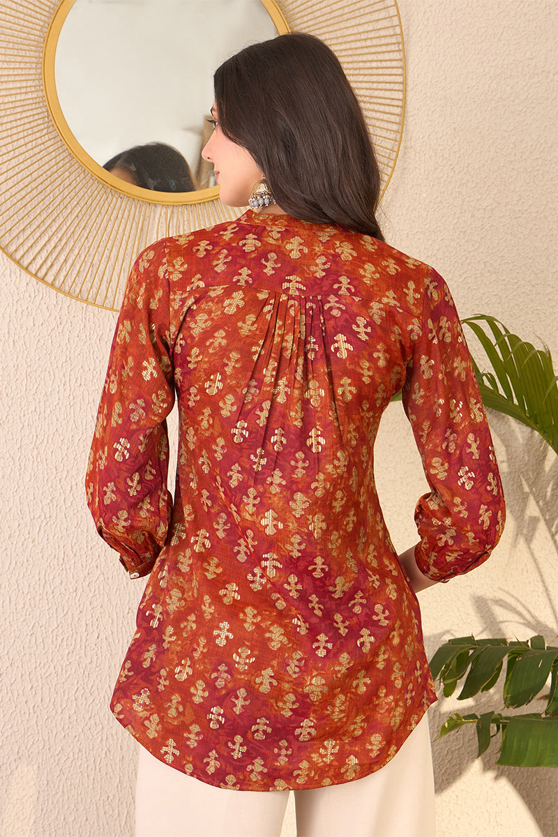 Orange Cotton Blend Ethnic Motifs Printed Regular Top VT1363