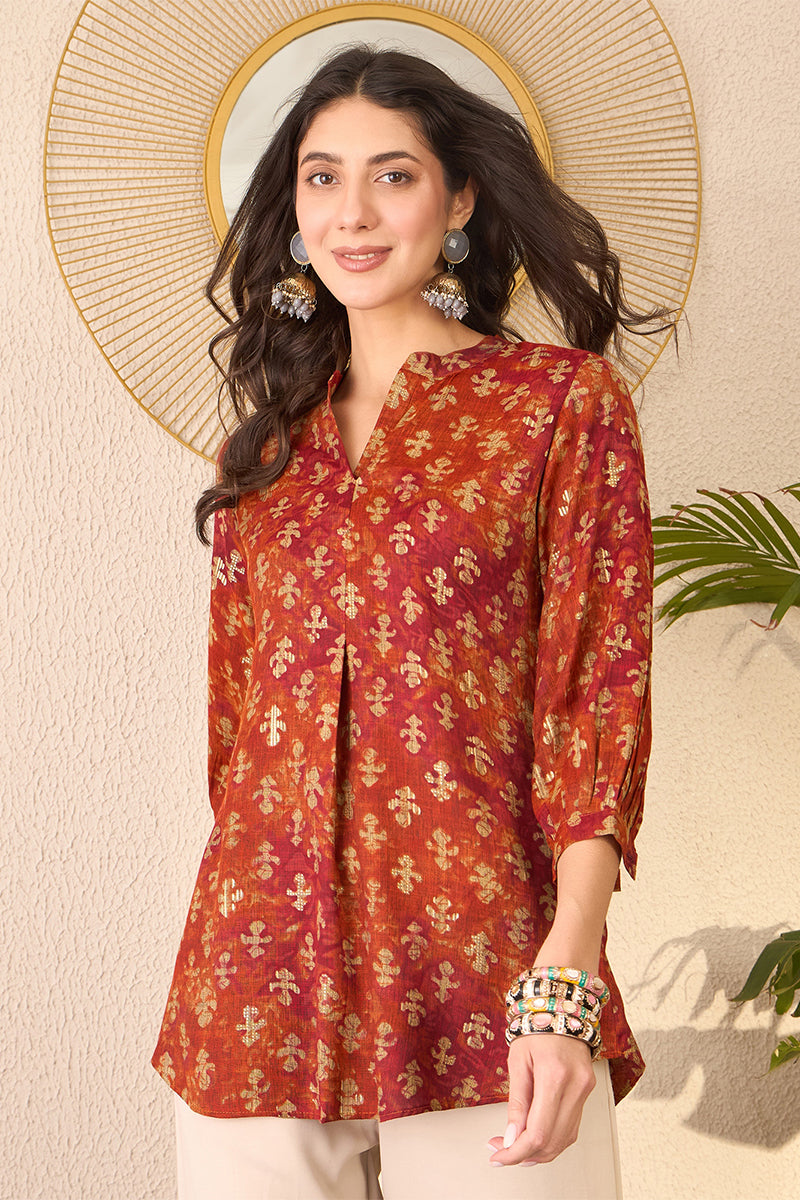 Orange Cotton Blend Ethnic Motifs Printed Regular Top VT1363