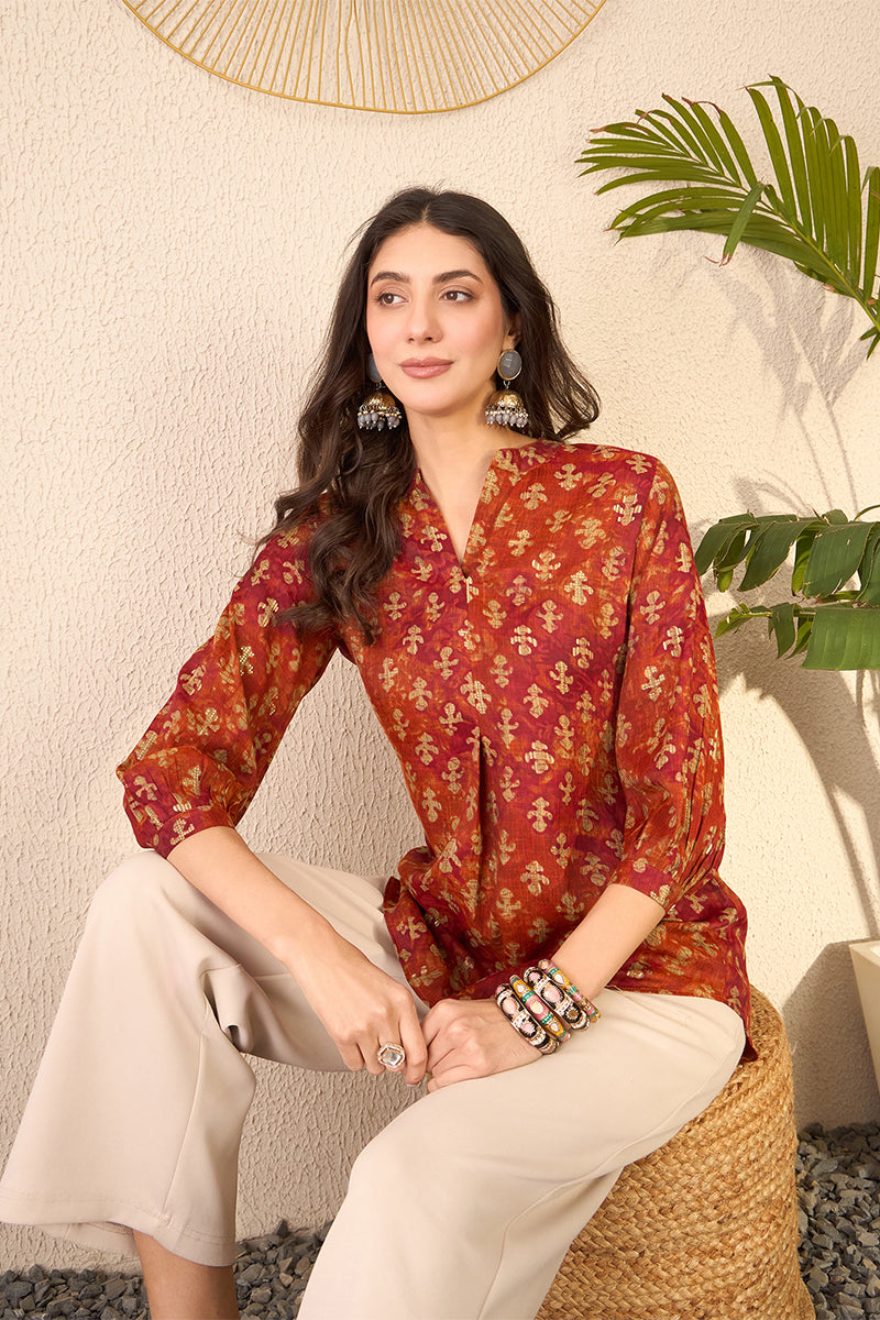 Orange Cotton Blend Ethnic Motifs Printed Regular Top VT1363
