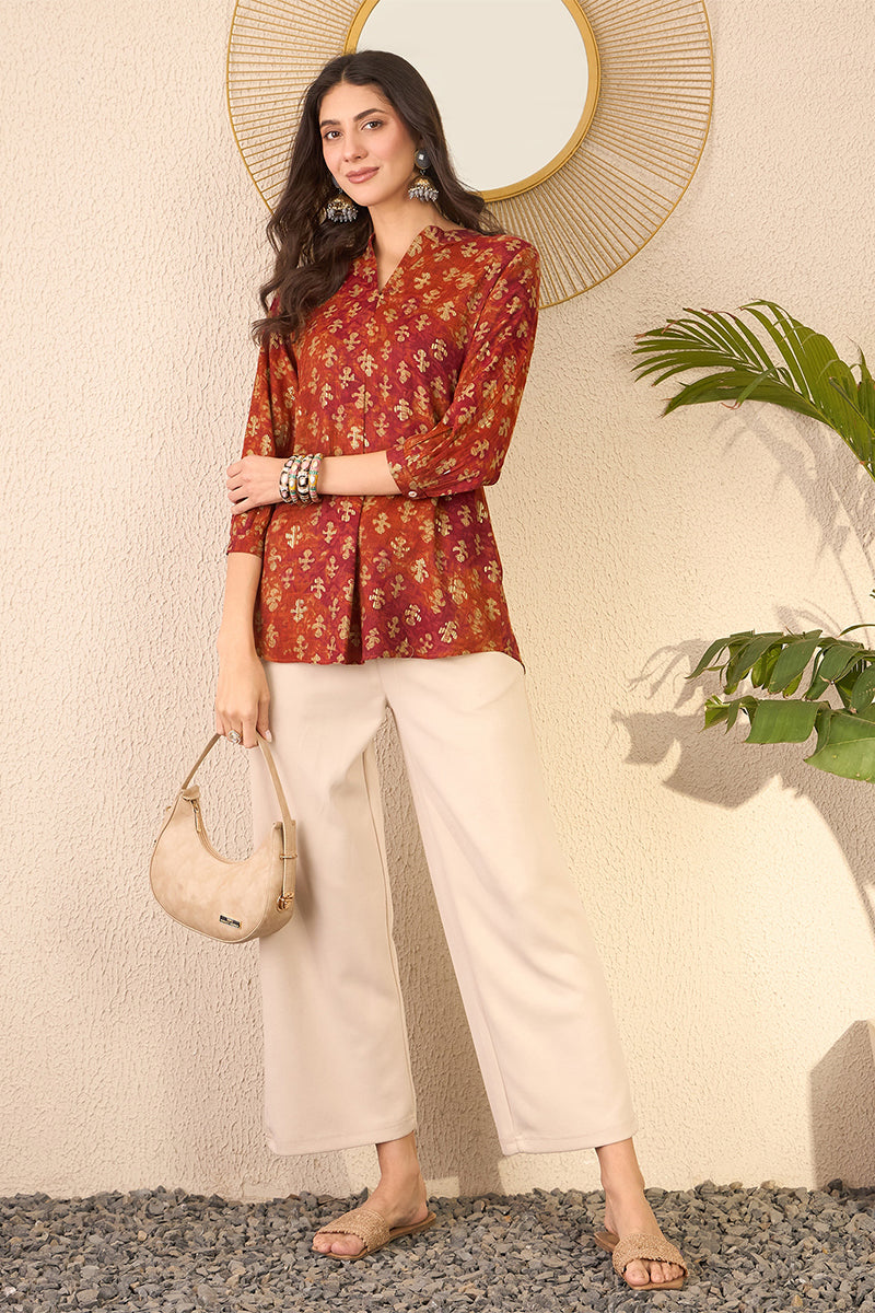Orange Cotton Blend Ethnic Motifs Printed Regular Top VT1363