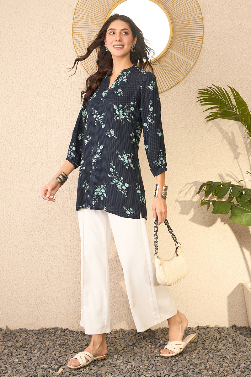 Navy Blue Rayon Blend Floral Printed Regular Top VT1368