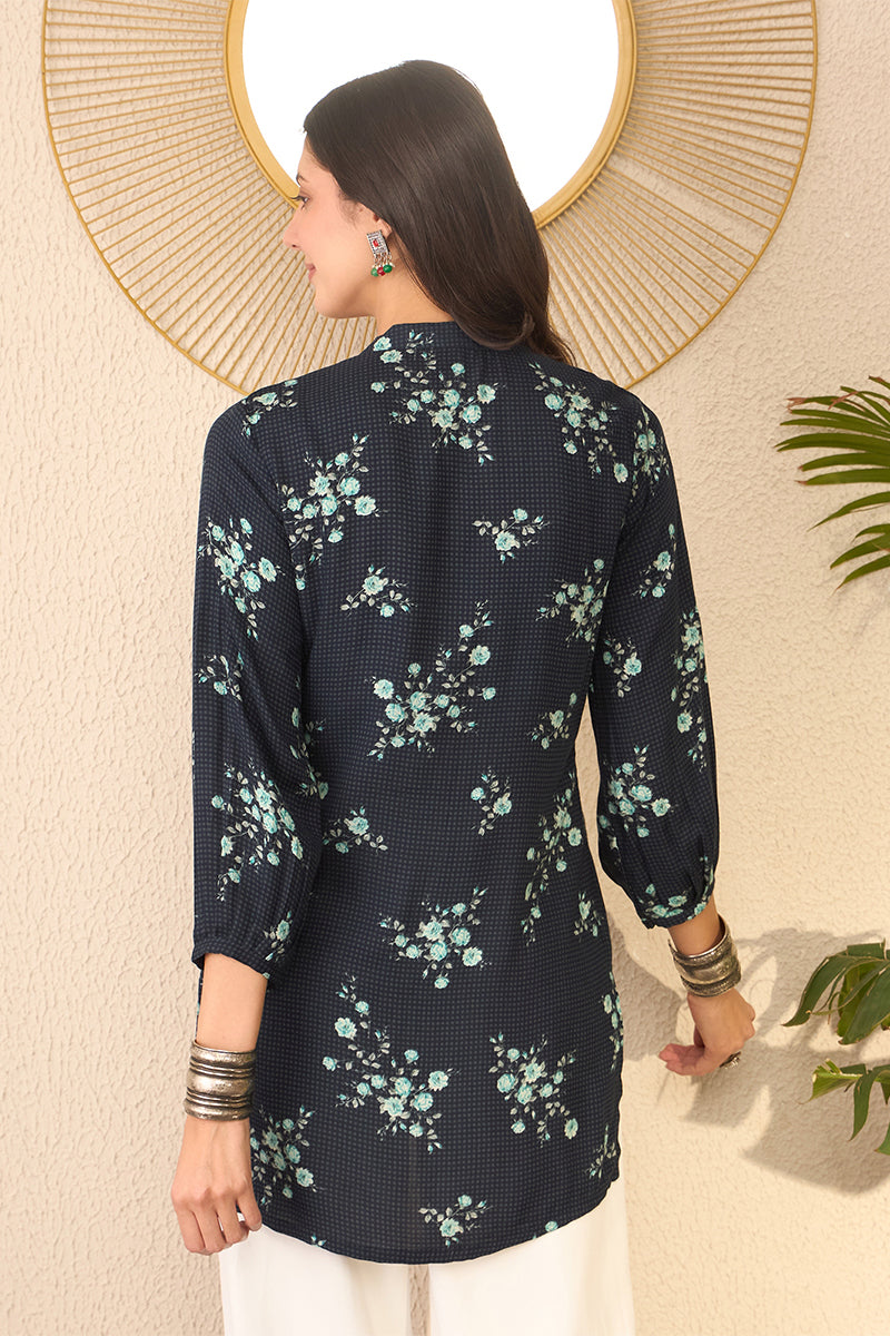 Navy Blue Rayon Blend Floral Printed Regular Top VT1368