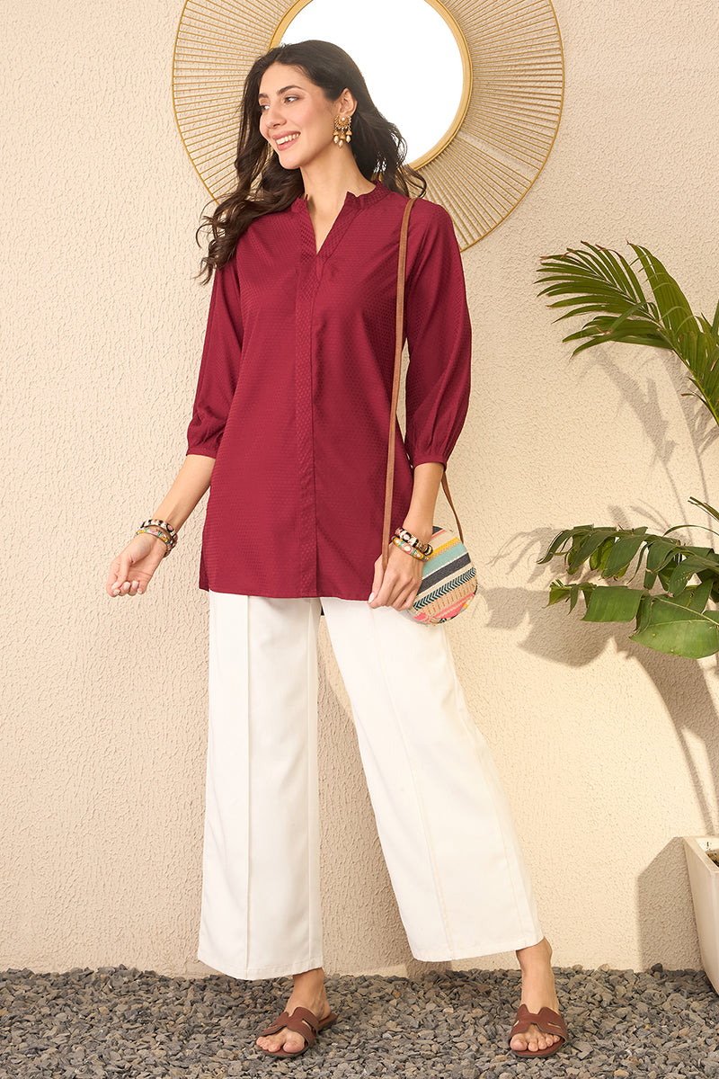 Maroon Silk Blend Solid Regular Top VT1369