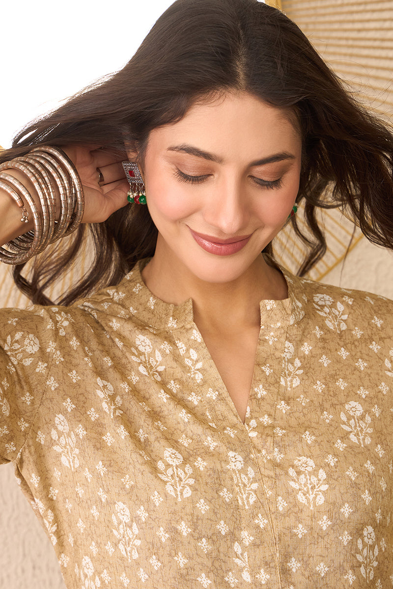 Beige Cotton Blend Floral Printed Regular Top VT1375