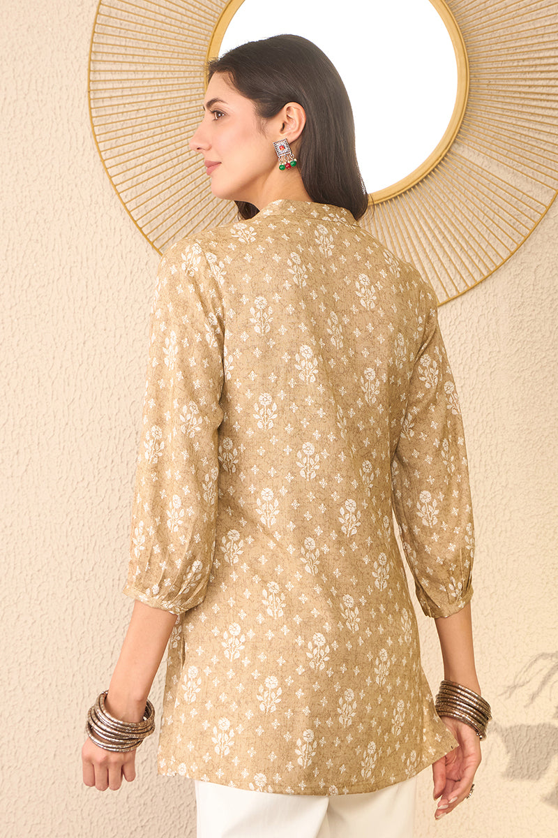 Beige Cotton Blend Floral Printed Regular Top VT1375