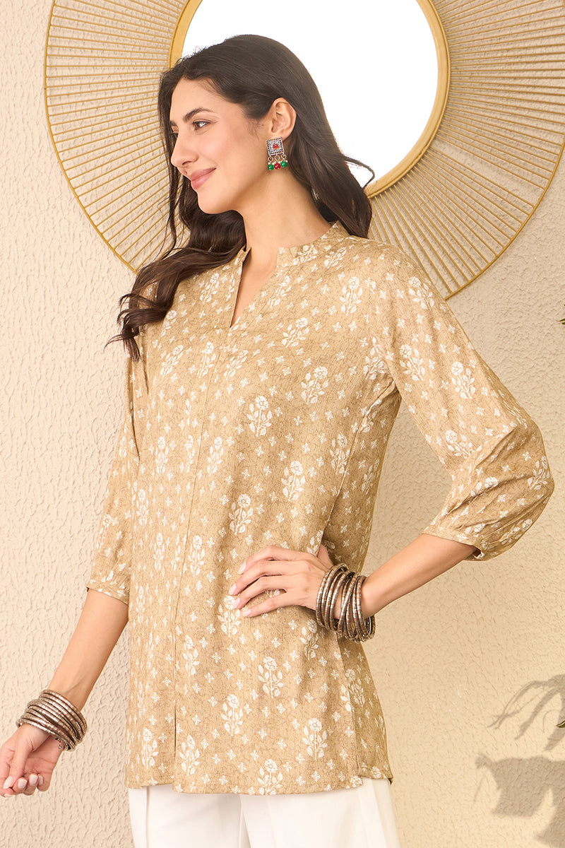 Beige Cotton Blend Floral Printed Regular Top VT1375
