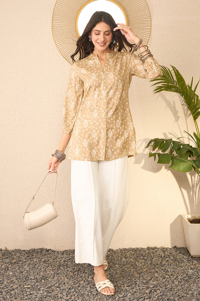 Beige Cotton Blend Floral Printed Regular Top VT1375