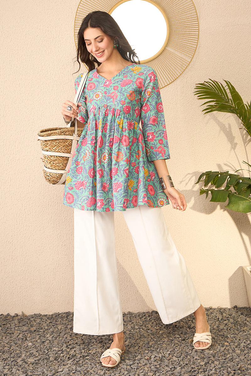 Green Cotton Blend Floral Printed Regular Peplum Top VT1376