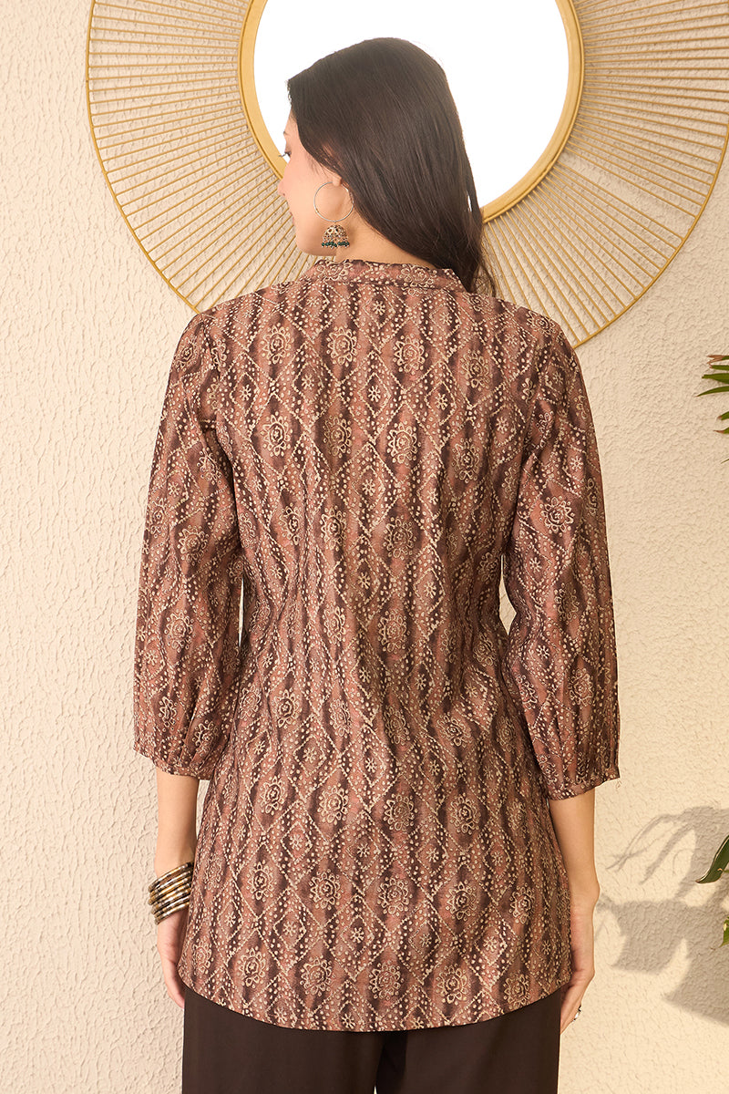 Brown Cotton Blend Ethnic Motifs Printed Regular Top VT1378