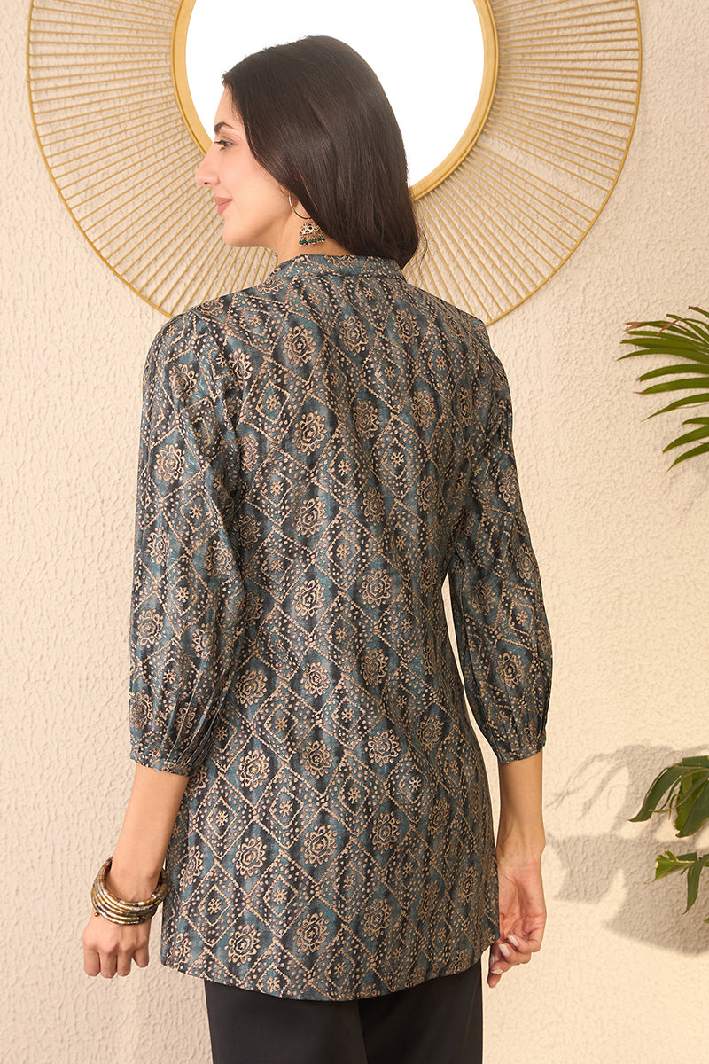 Grey Cotton Blend Ethnic Motifs Printed Regular Top VT1379