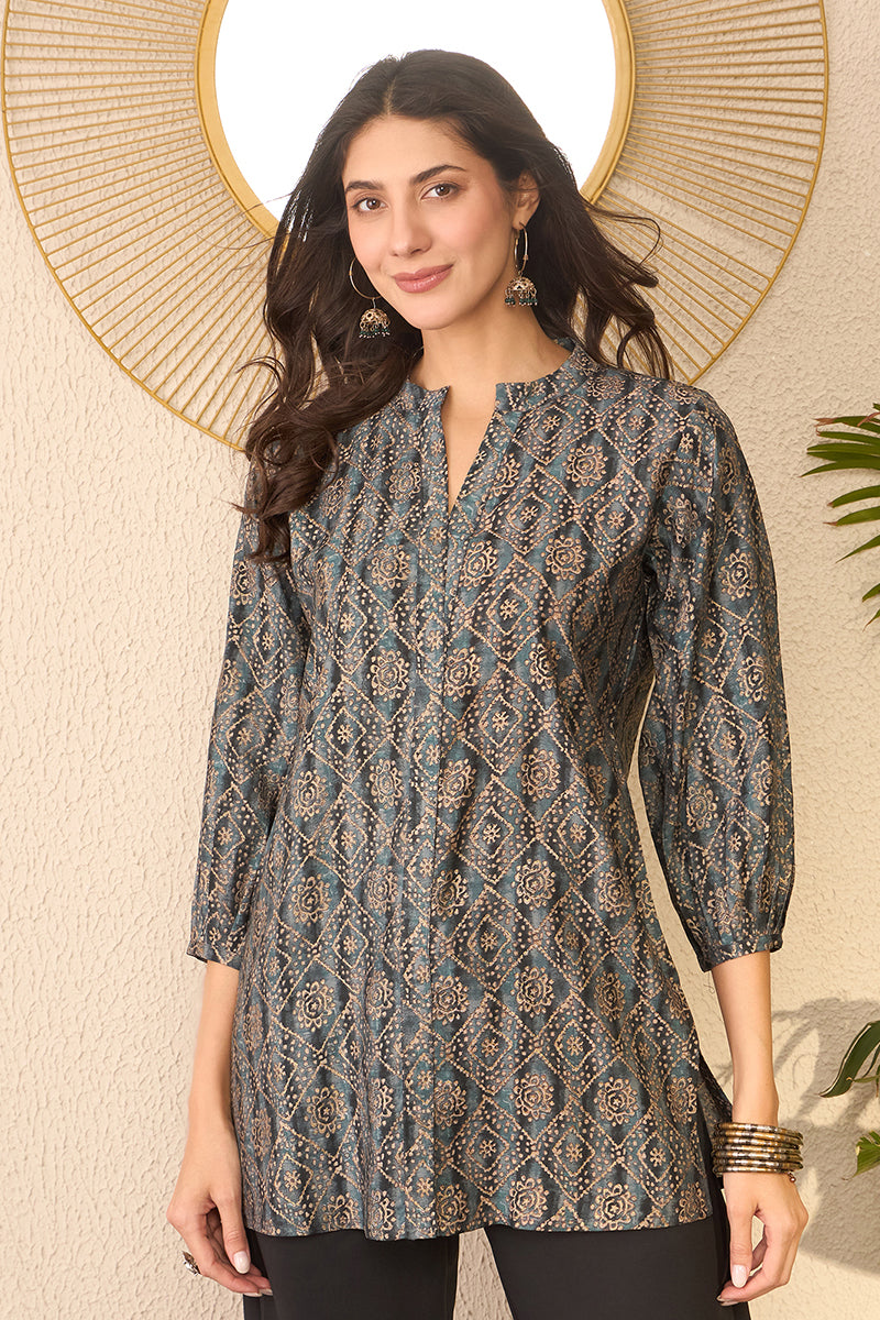 Grey Cotton Blend Ethnic Motifs Printed Regular Top VT1379