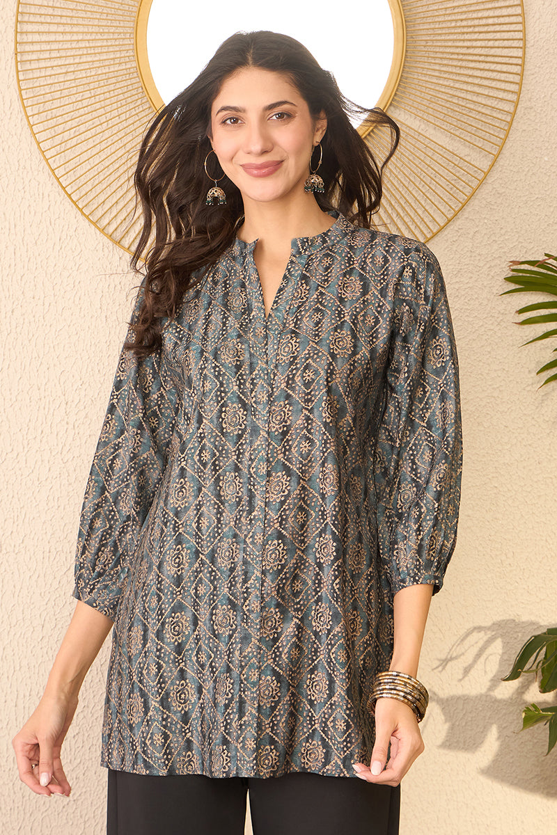 Grey Cotton Blend Ethnic Motifs Printed Regular Top VT1379