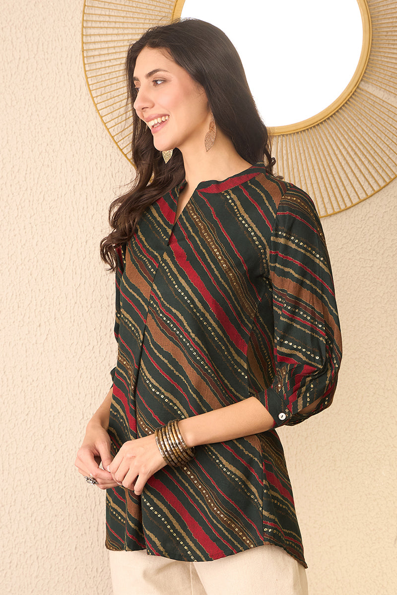 Green Cotton Blend Leheriya Printed Regular Top VT1383