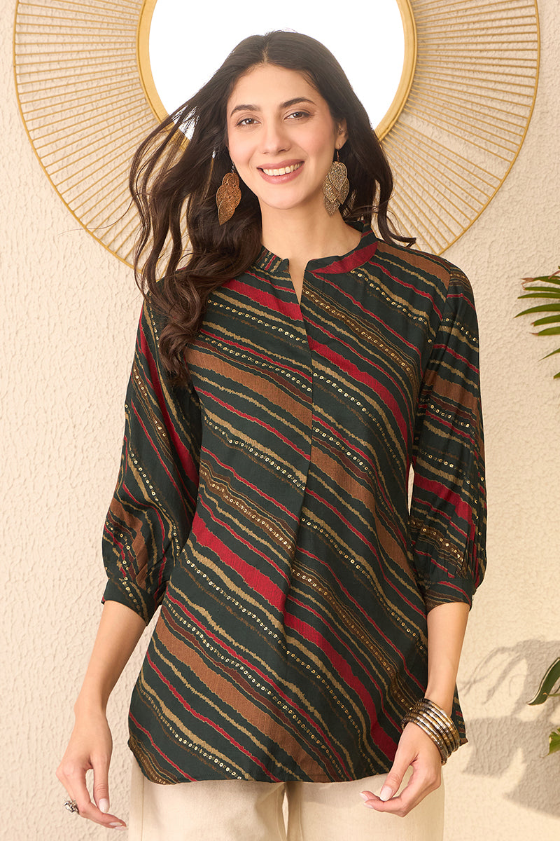 Green Cotton Blend Leheriya Printed Regular Top VT1383