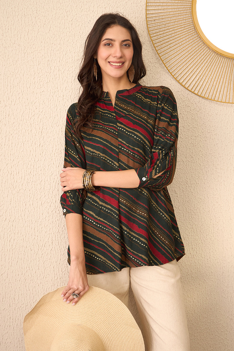 Green Cotton Blend Leheriya Printed Regular Top VT1383