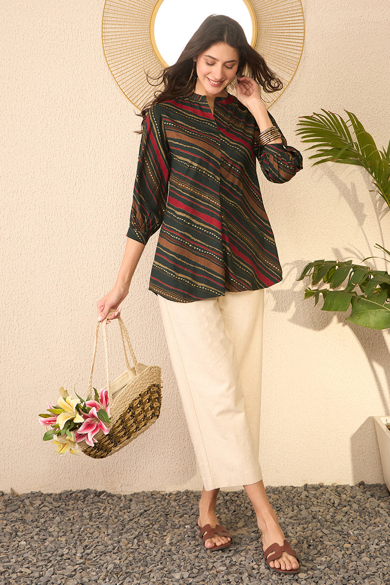 Green Cotton Blend Leheriya Printed Regular Top VT1383