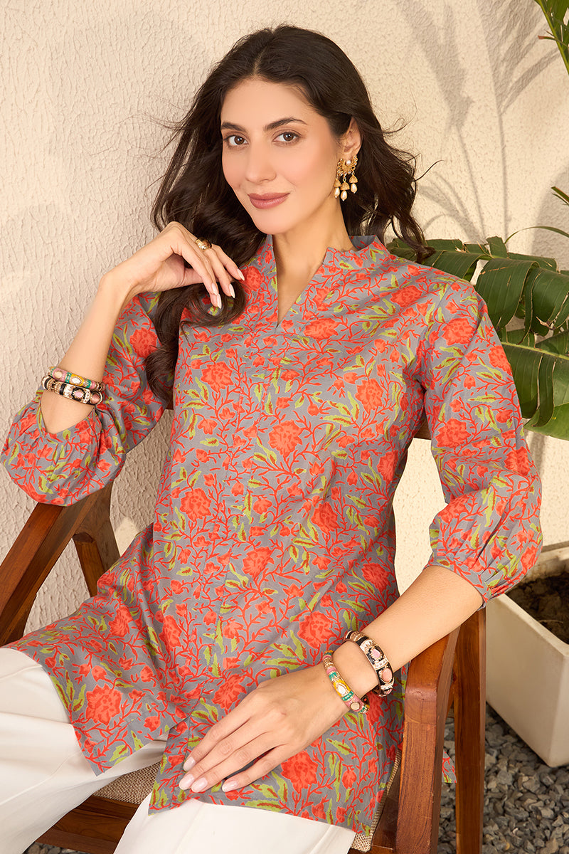 Grey Cotton Blend Floral Printed Regular Top VT1388