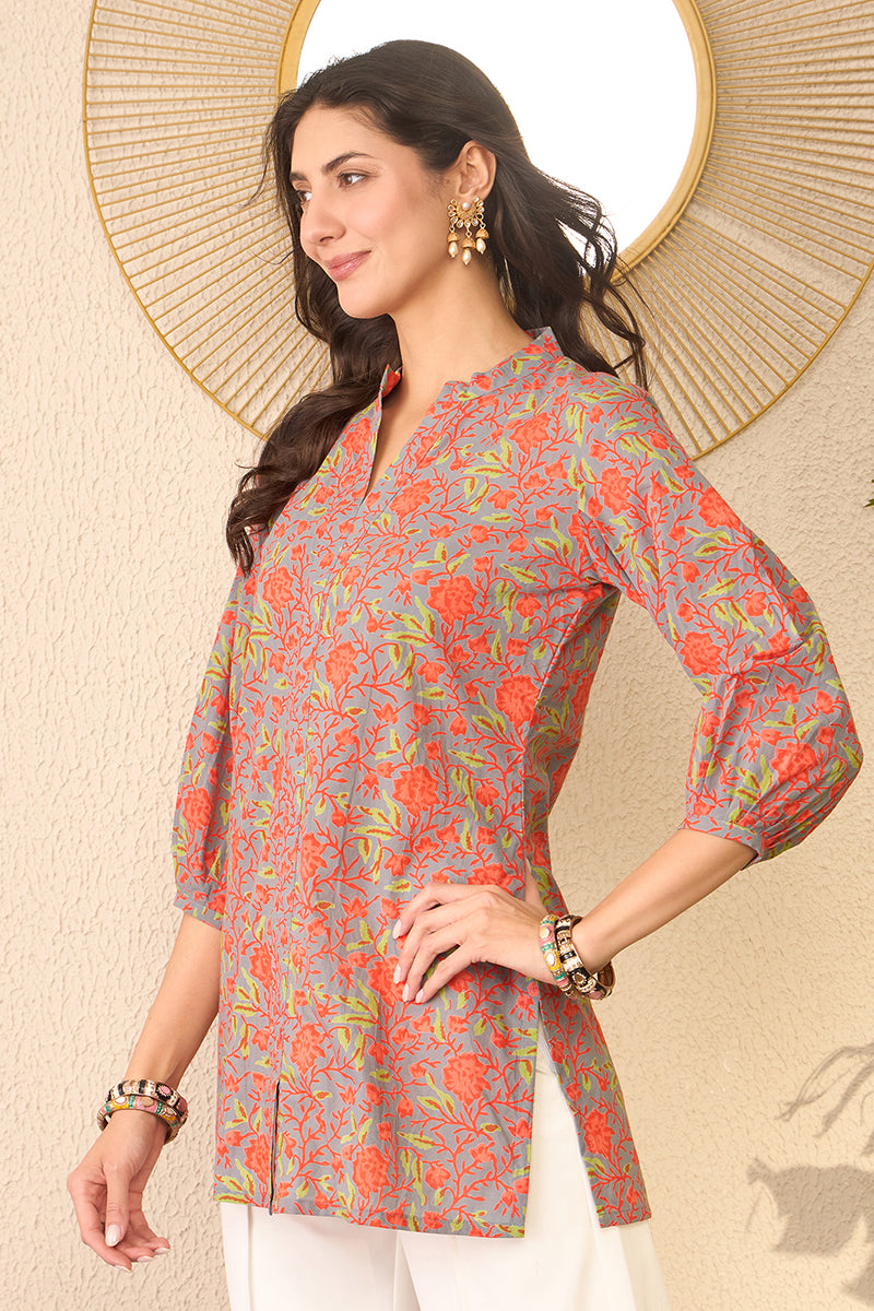 Grey Cotton Blend Floral Printed Regular Top VT1388