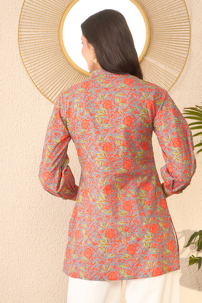 Grey Cotton Blend Floral Printed Regular Top VT1388