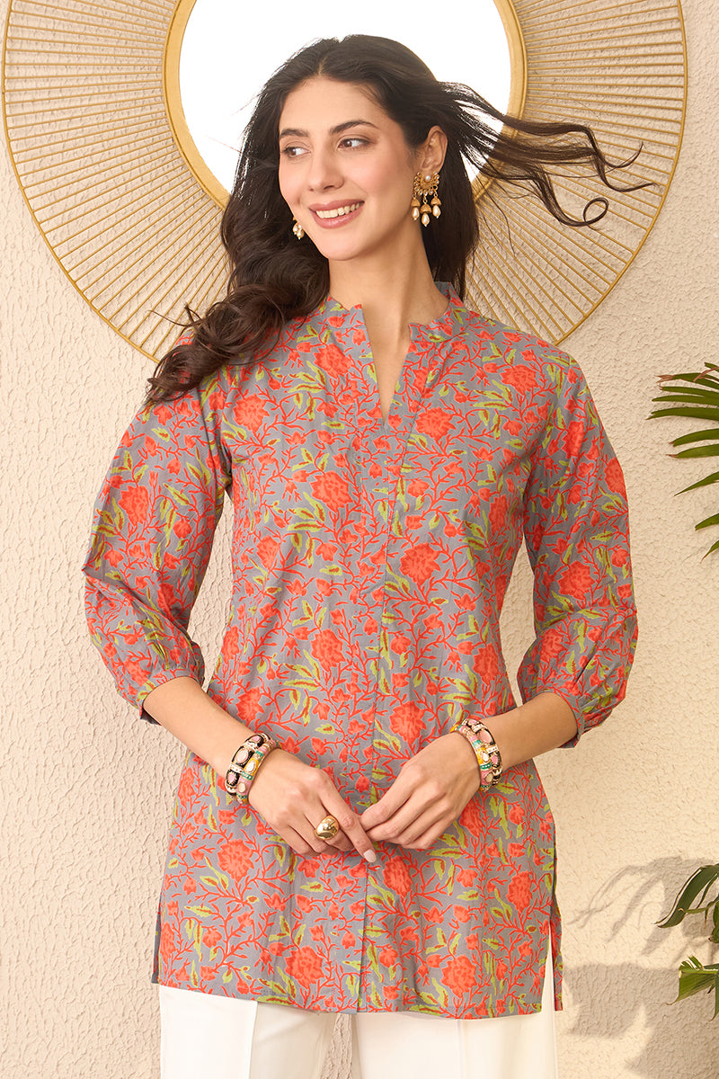 Grey Cotton Blend Floral Printed Regular Top VT1388
