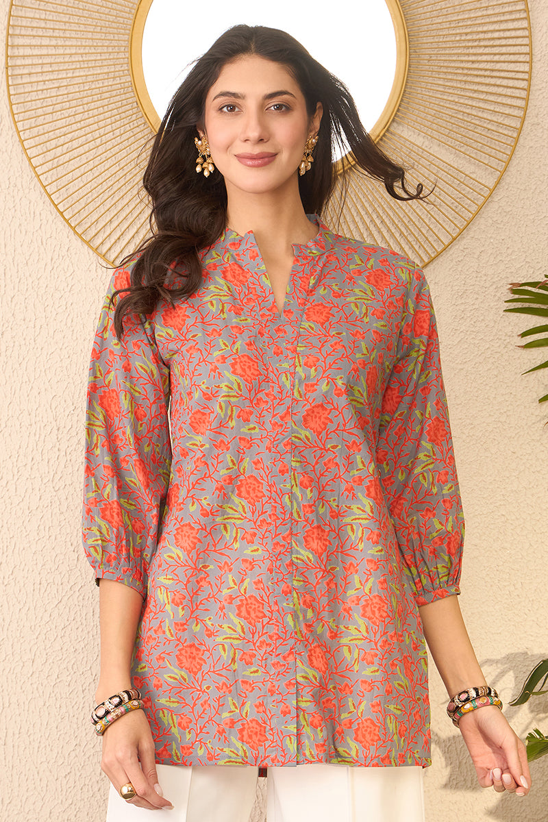 Grey Cotton Blend Floral Printed Regular Top VT1388