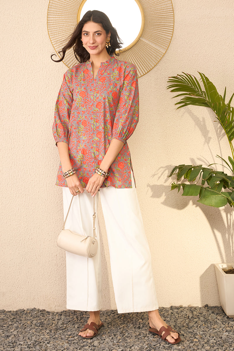 Grey Cotton Blend Floral Printed Regular Top VT1388