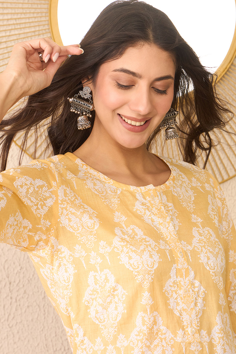 Yellow Cotton Blend Ethnic Motifs Printed Regular Top VT1389