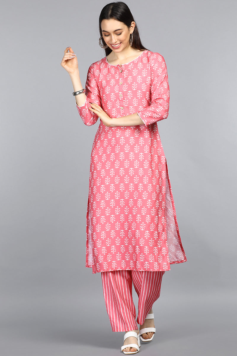 Pink Polyester Straight Kurta With Palazzo Set PKSET1066