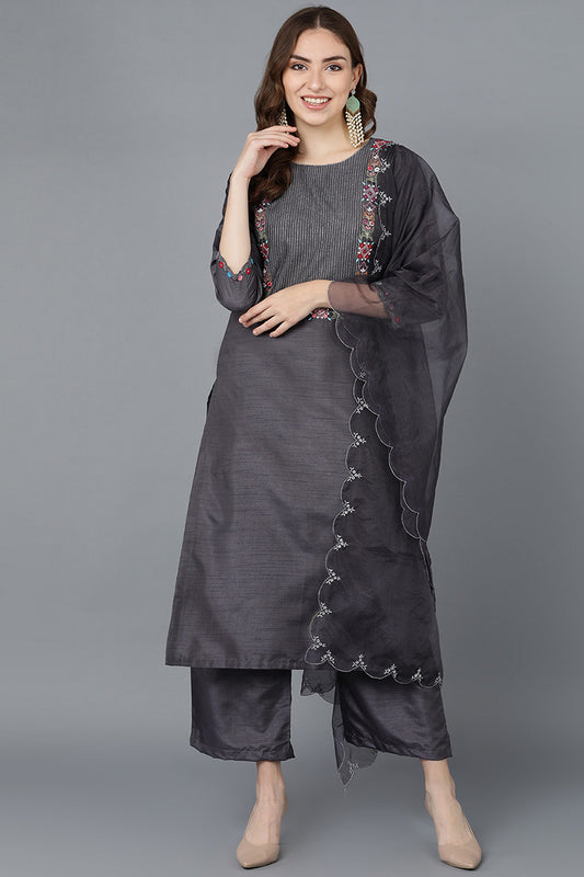 Ahika Women Grey Poly Silk Embroidered Kurta Trousers With Dupatta