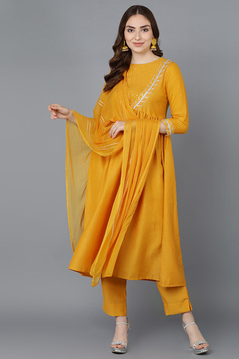 Ahika Women Mustard Poly Silk Embroidered Kurta Trousers With Dupatta