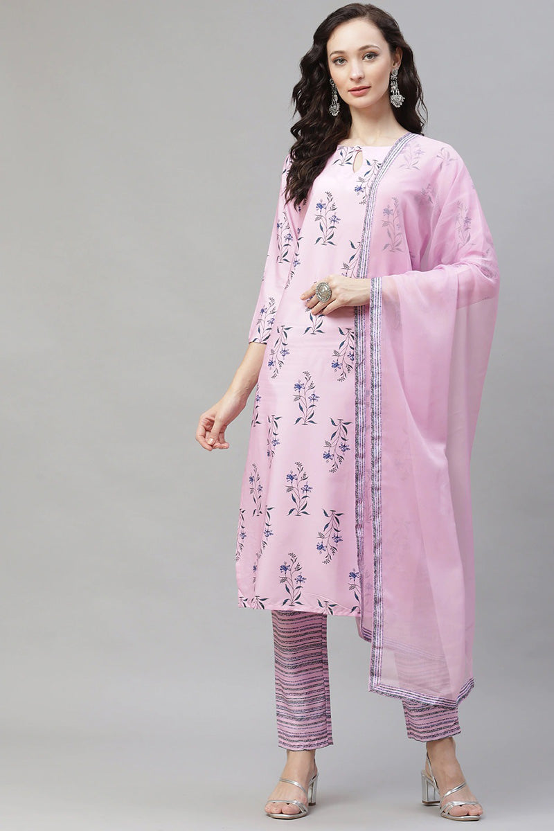 AHIKA Women Pink Floral Printed Regular Kurta with Palazzos Dupatta