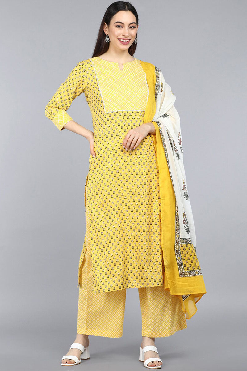 AHIKA Women Yellow Ethnic Motifs Printed Pure Cotton Kurta Set With Dupatta