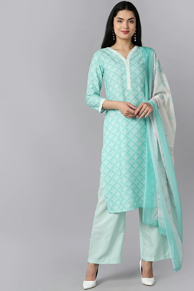 AHIKA Women Sea Green Ethnic Motifs Printed Regular Kurta with Palazzos With Dupatta Set