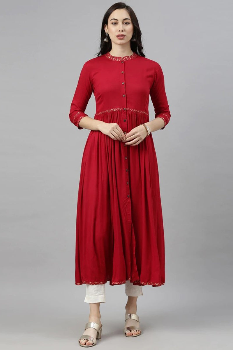 Red Cotton Flared Kurta VCK8167