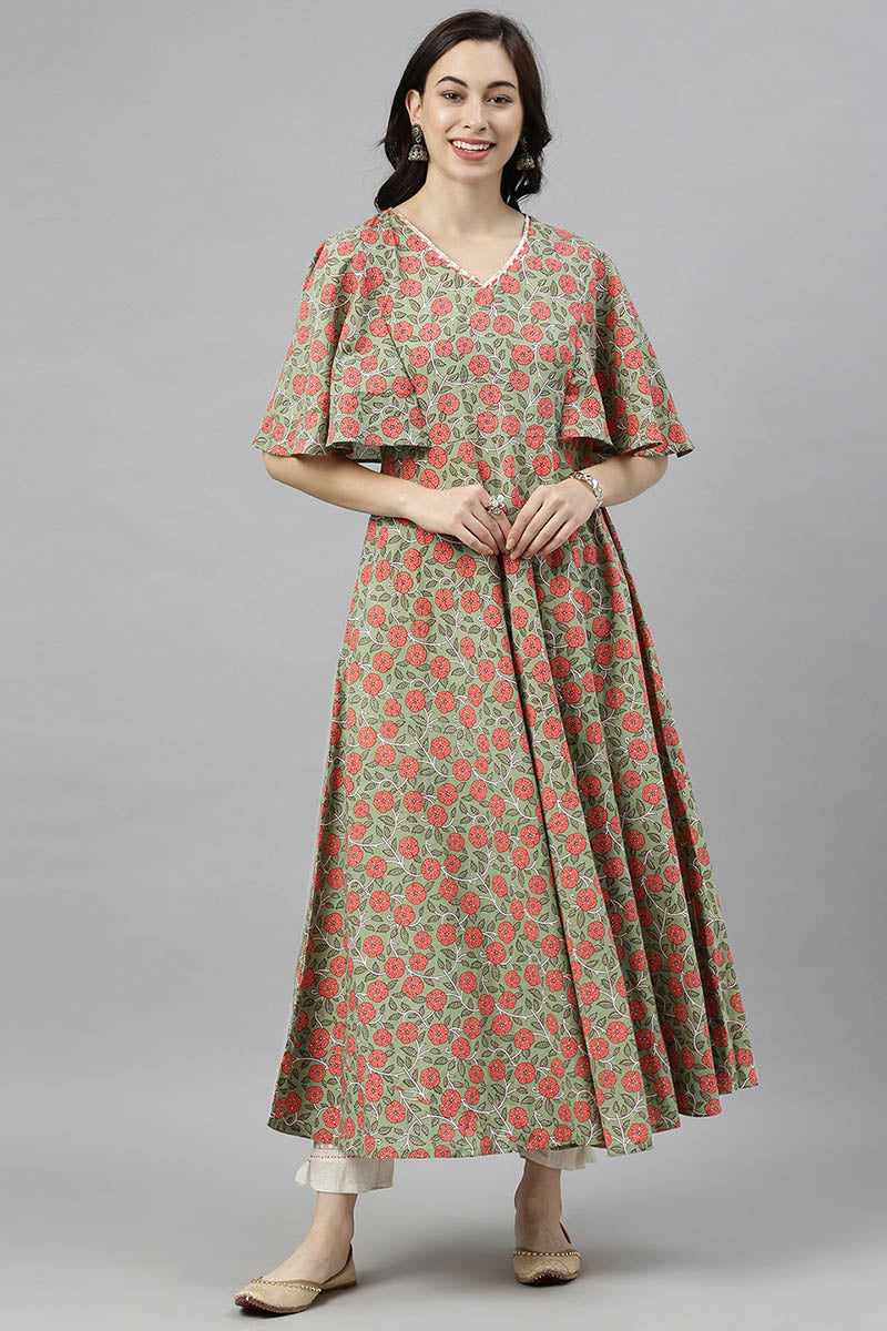 AHIKA Women Green Pink Floral Printed Flared Sleeves Kurta