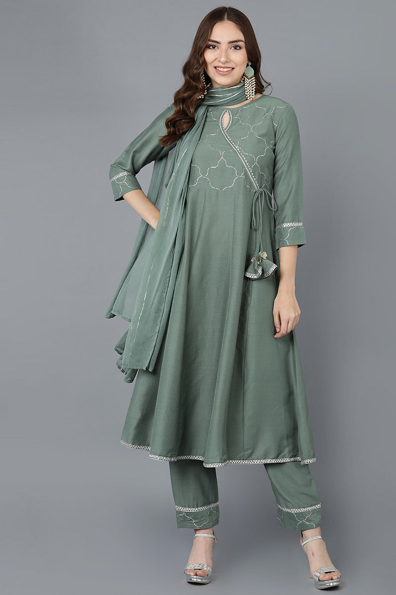 Teal Poly Silk Embroidered Kurta Trousers With Dupatta PKSKD1499