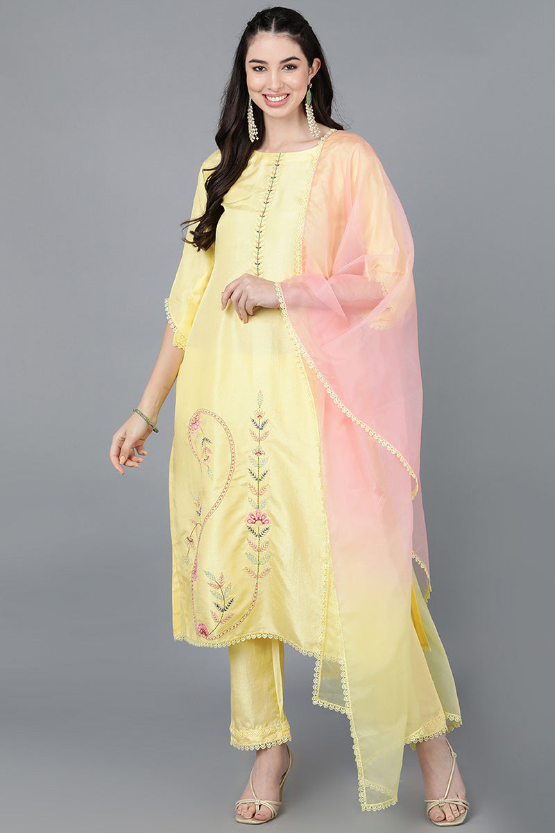 Ahika Women Yellow Poly Silk Embroidered Kurta Trousers With Dupatta