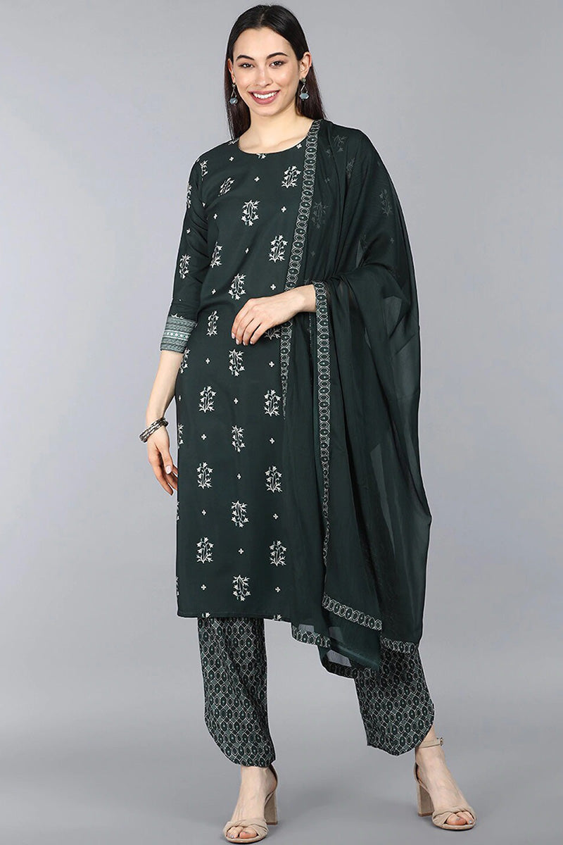 AHIKA Women Green Floral Printed Kurta with Churidar Dupatta