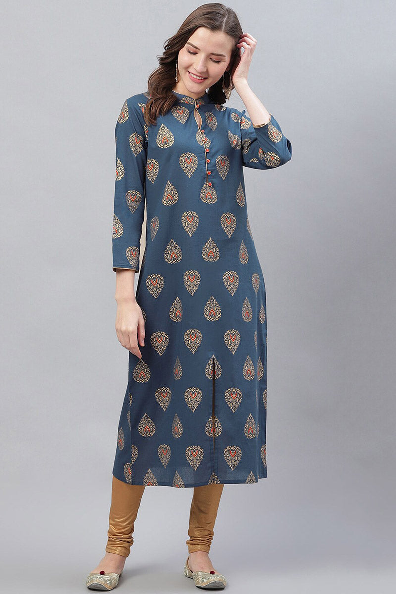 Ahika Women Printed Simple Navy Blue Kurti