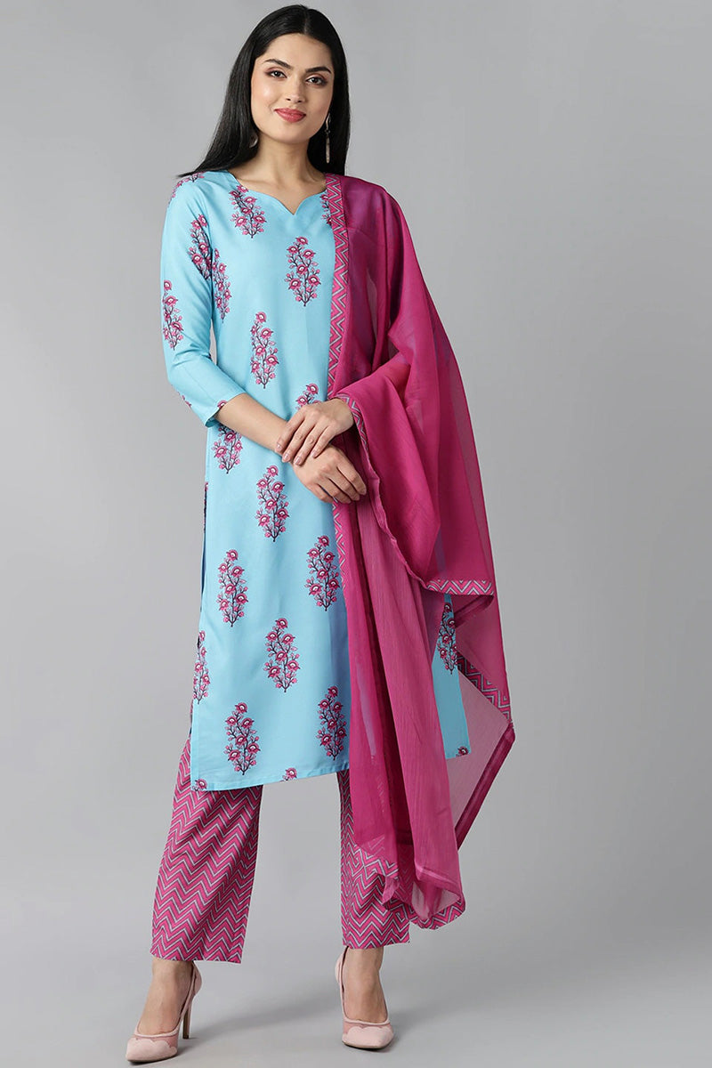 AHIKA Women Blue Ethnic Motifs Embroidered Panelled Kurti with Salwar With Dupatta Set