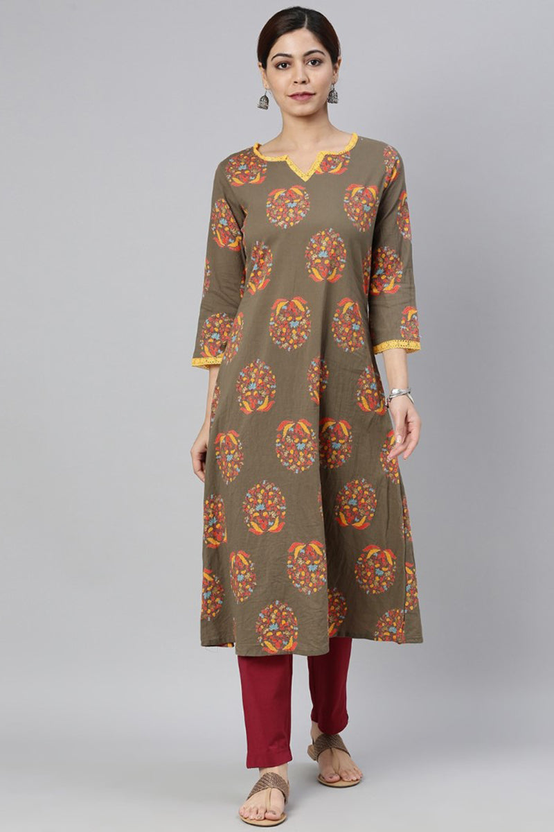 AHIKA Women Taupe Yellow Floral Printed Kurta with Lace Detail