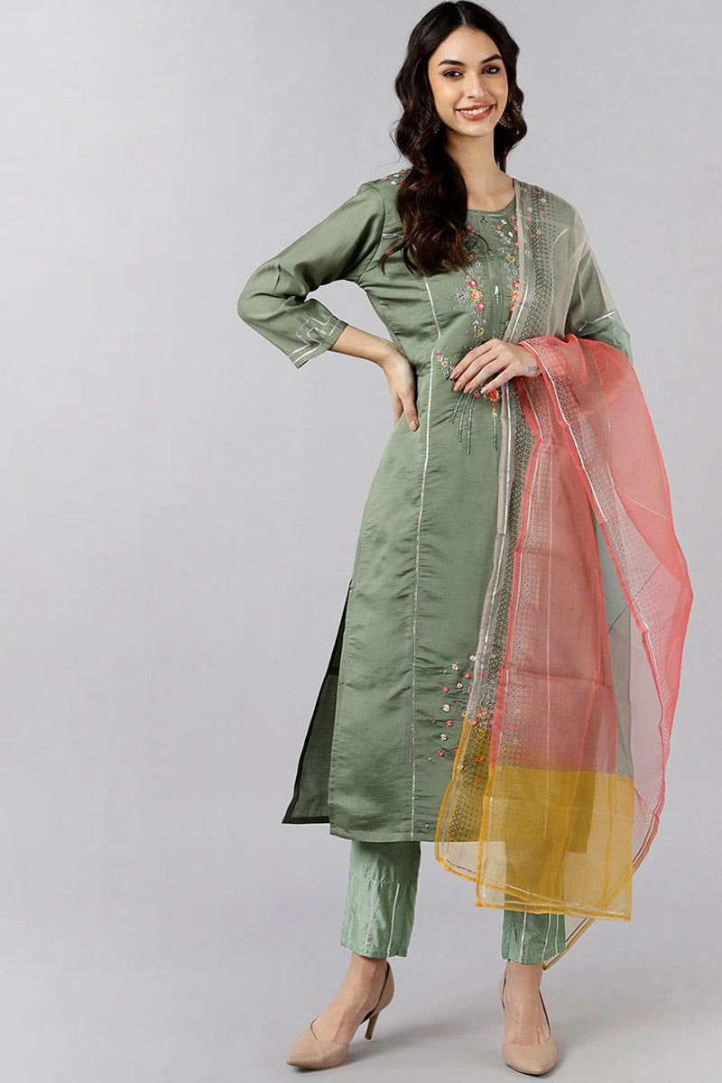 AHIKA Women Olive Solid Embroidered Kurta Trousers With Dupatta