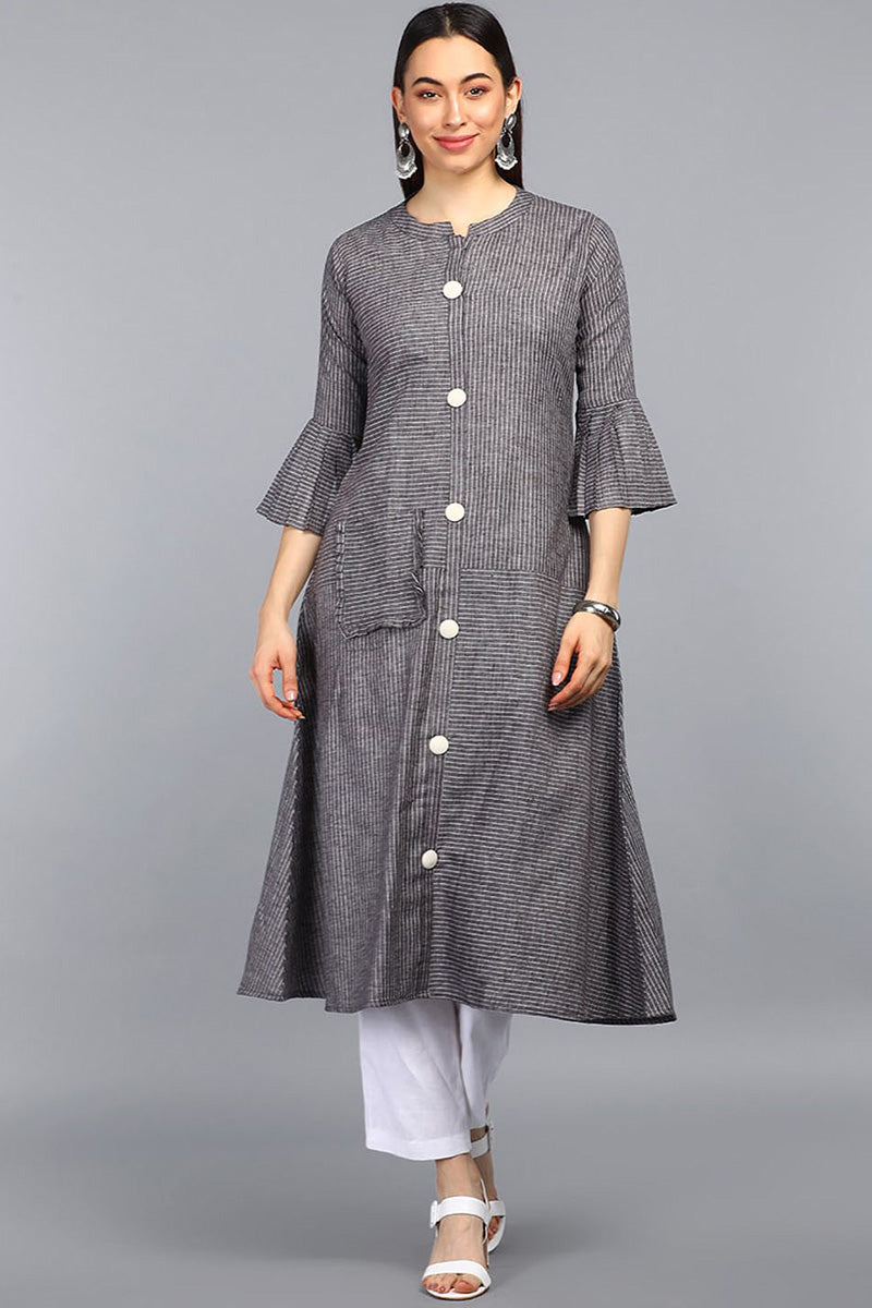 AHIKA Women Charcoal Grey & White Striped A Line Kurta